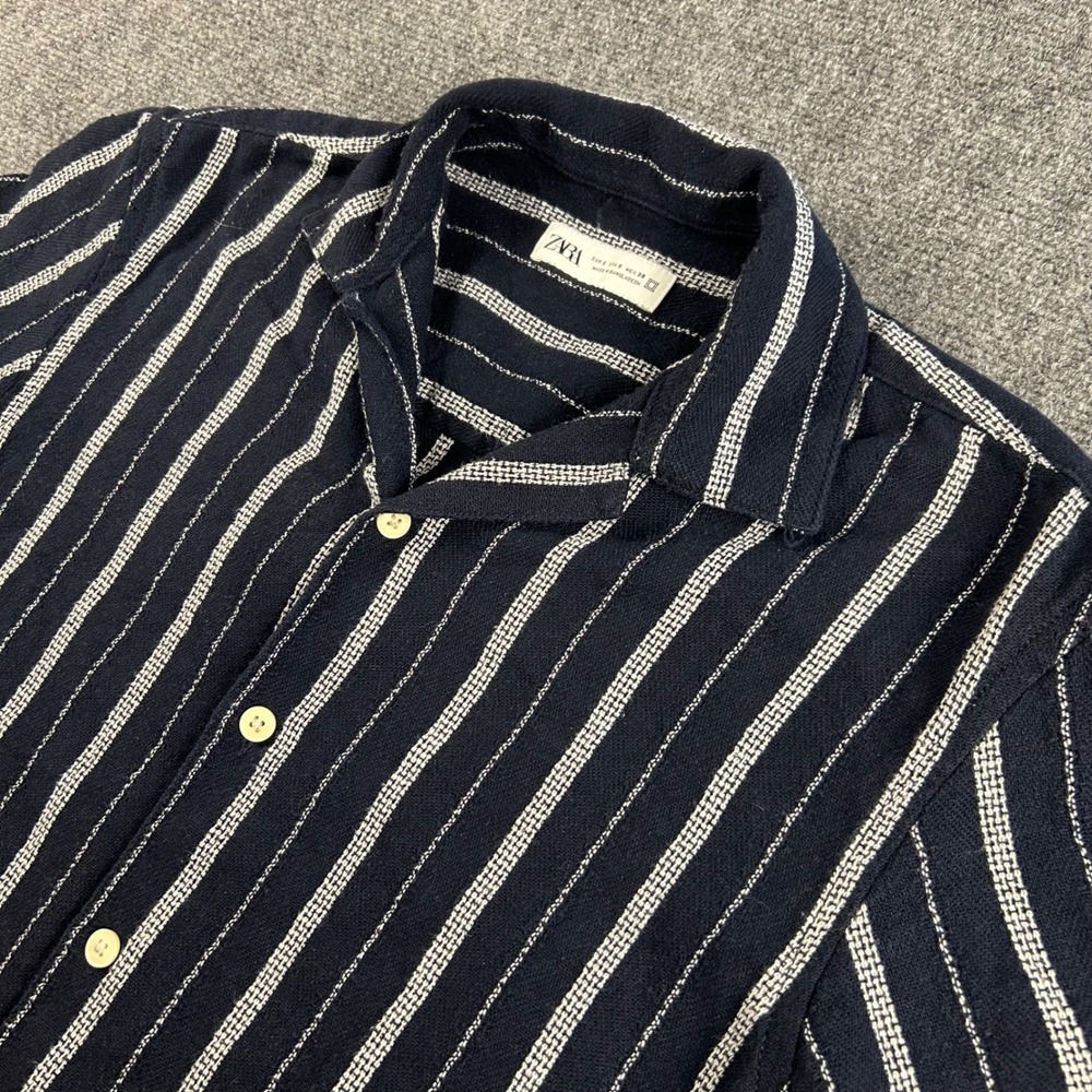 Zara Man Navy Blue White Striped Short Sleeve Camp Collar Button Up Shirt Small